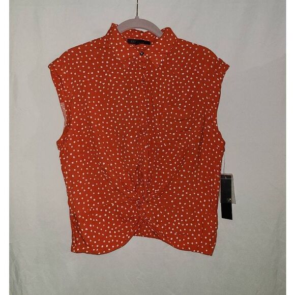Kaii Los Angeles Orange Polka Dot Botton Up Twist Waist Sleeveless Shirt. - Picture 1 of 7